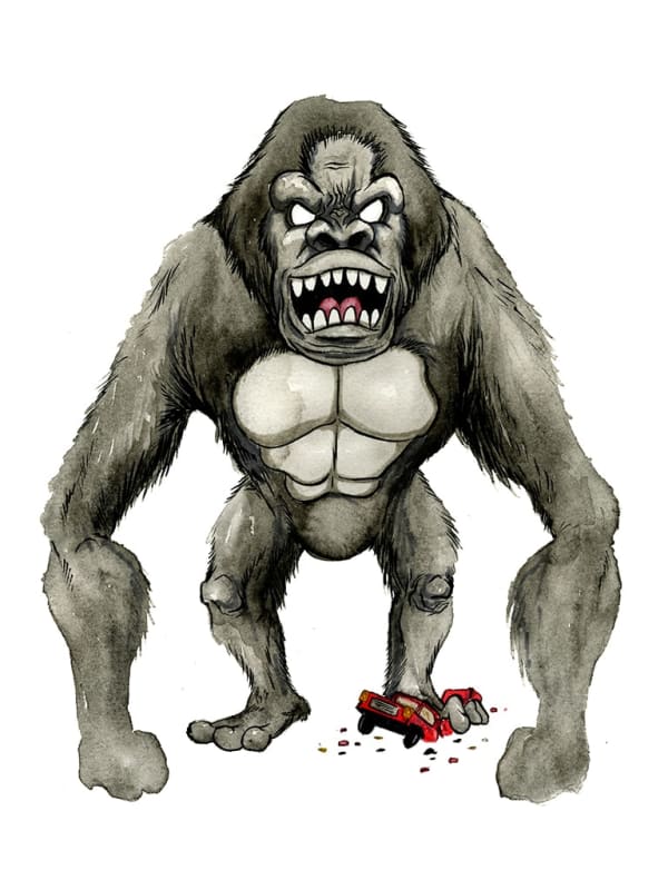Painting by Alex Pardee of a gorilla with a bloody foot