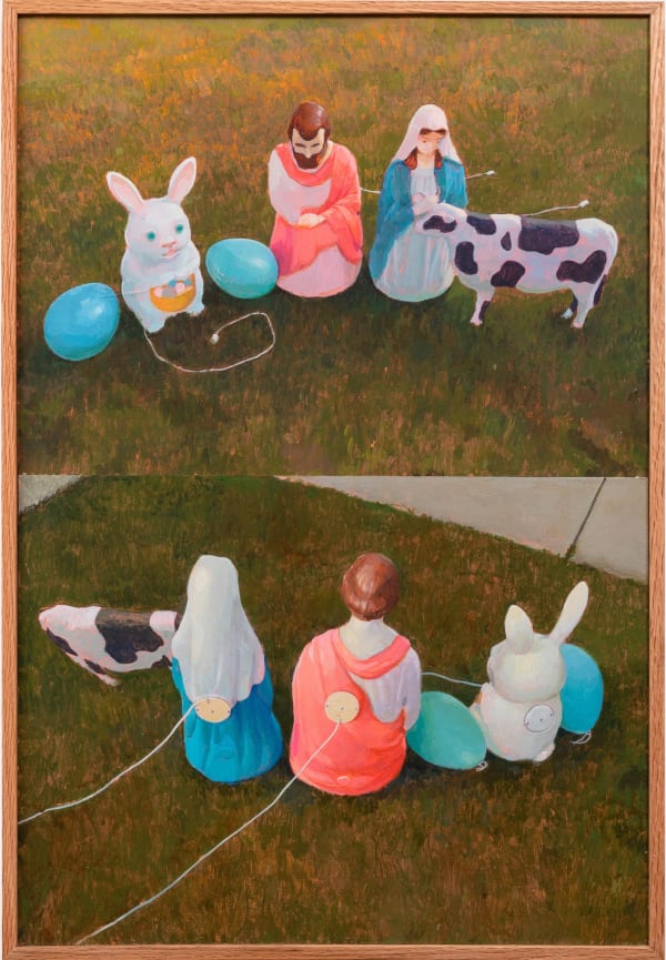 Painting of two photos showing the front and back of lawn decorations including Joseph and Mary, the Easter Bunny, two Easter Eggs and a cow