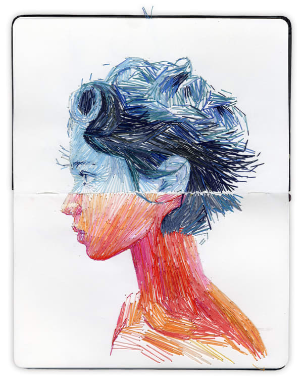 Artwork created by various blue, orange, pink, and read threads depicting person in profile on the open pages of a Moleskine Notebook by artist Rose Couch