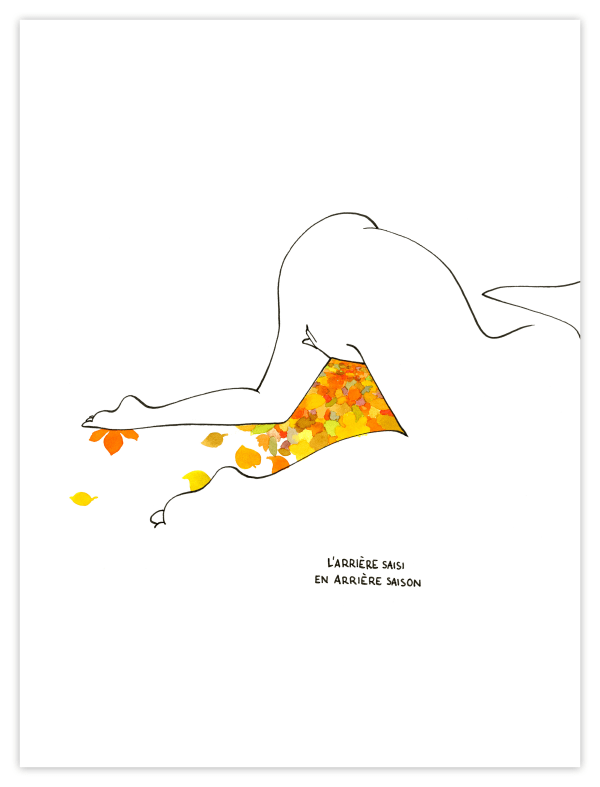 line drawing of a nude woman's body leaning over a pile of fallen leaves