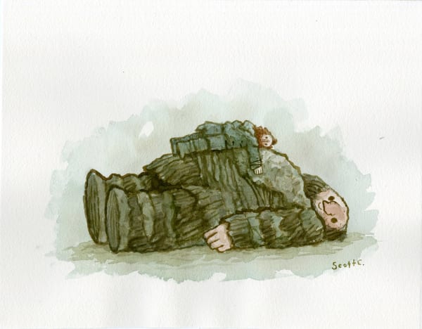 a large human figure laying down on his back with a smaller figure on top of his stomach