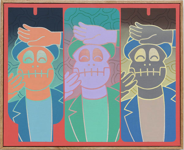 Painting of a figure with a skeleton face wearing a beanie and a collared jacket with his hands up around his face.