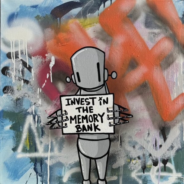 grey robot holding sign that says "Invest in The Memory Bank"