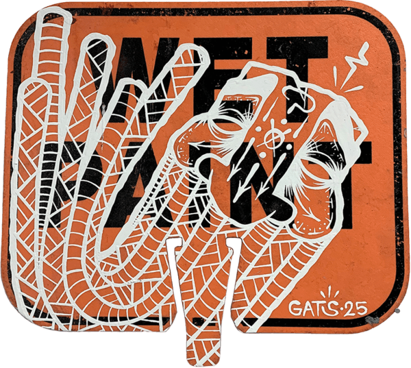 Street sign reading "wet paint" with artist signature illustration (a masculine face with a long beard and symbols on his face) overlayed on top of the sign.