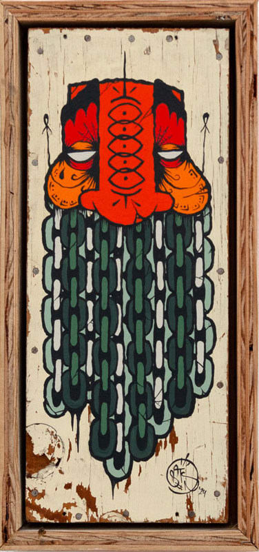 GATS character with orange and red face and a beard made out of green chains painted on a white piece of wood.