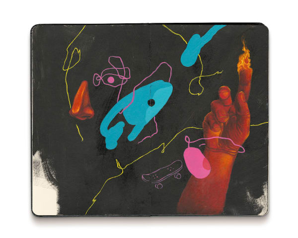 Abstract painting of a deconstructed face and a hand holding something that is on fire