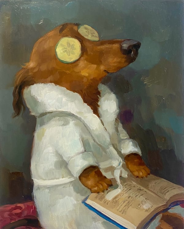 Painting of a brown dog with cucumber slices over its eyes and is wearing a white bathrobe. On its lap is an open book.