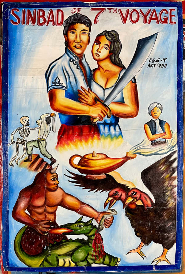 Deadly Prey (Eggy) Sinbad of 7th Voyage, 2010’s oil and enamel on flour sack 60 x 40 in 152.4 x 101.6 cm