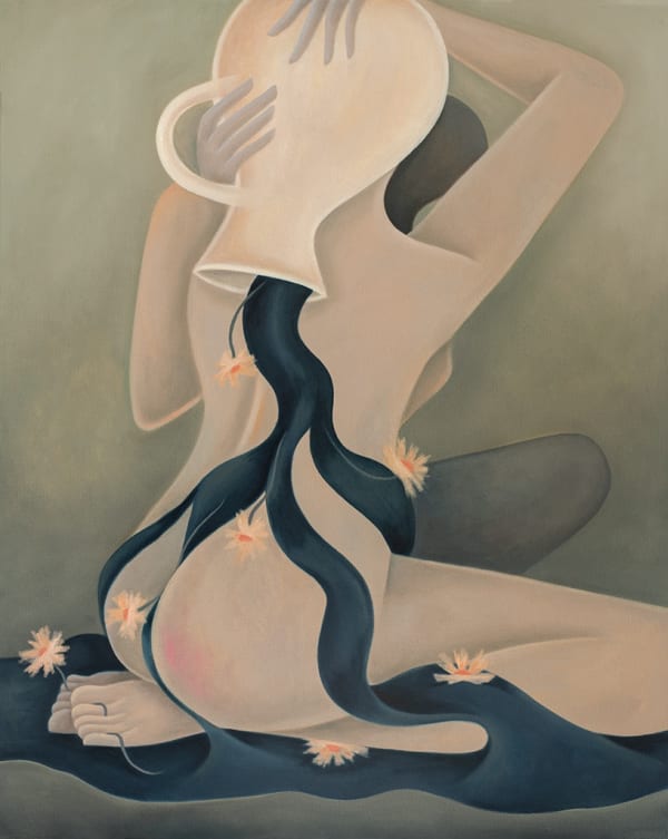 Laura Berger's painting of a woman pouring water on herself with flowers