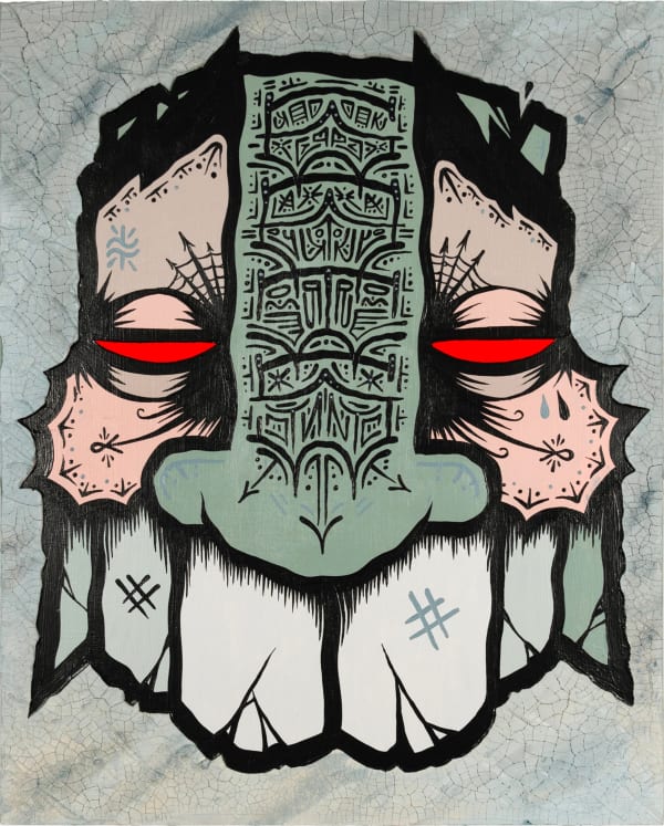 image of green and pink mask tribal mask on a grey background