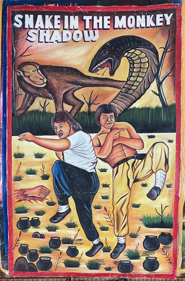 Deadly Prey (Wise Art) Snake in the Monkey Shadow, 2010’s oil and enamel on flour sack 62 x 38 in 157.5 x 96.5 cm