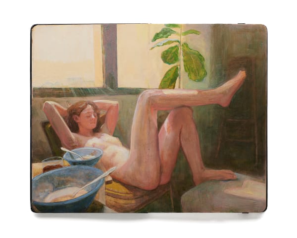 Painting of a naked woman lounging on a chair with her feet up under a window with two bowls of food next to her.