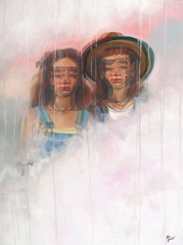 painting of two woman amongst misty clouds by Alex Garant