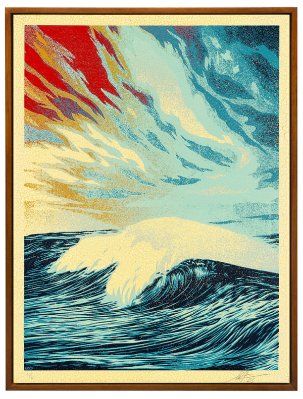 wave scene with the sky in a blue palette with red and yellow highlights in the sky