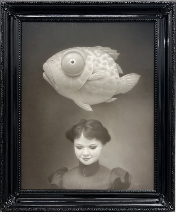 painting of a fish floating over a woman's head by Travis Louie
