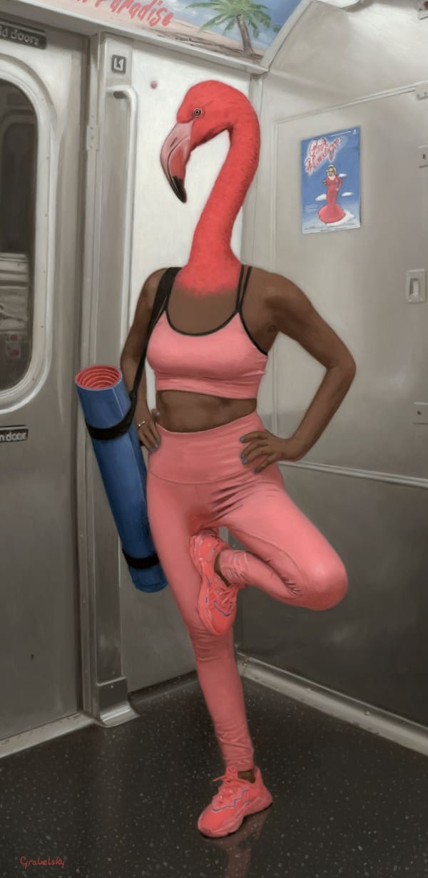 painting of a woman with a flamingo head standing on the subway