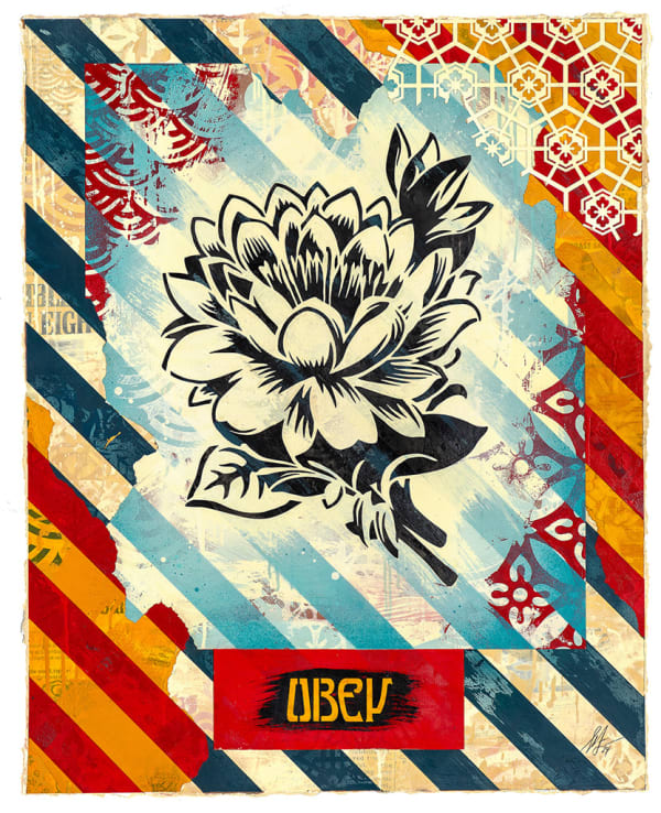 black and white ltous flower with a striped red, blue, cream, and yellow background with the obey lgo