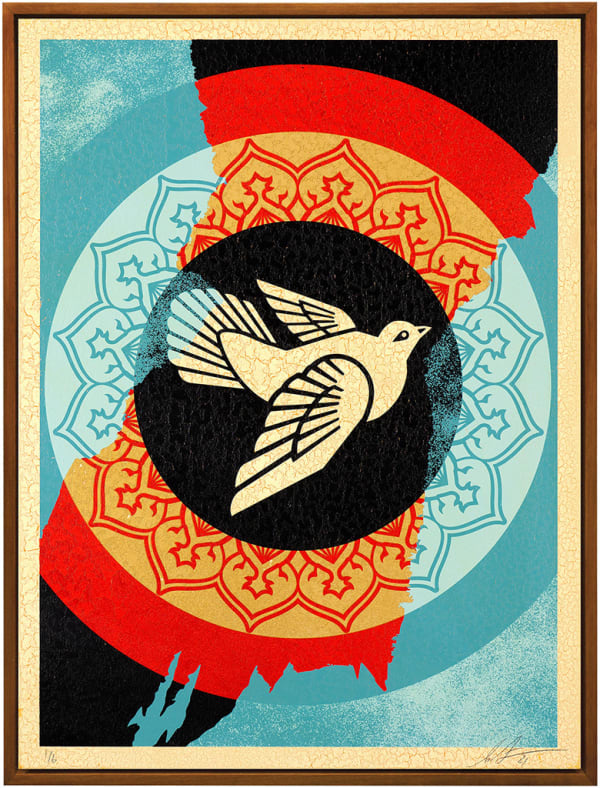 image of a white dove flying with round red blue, black, and yellow background with circles and mandala patterns