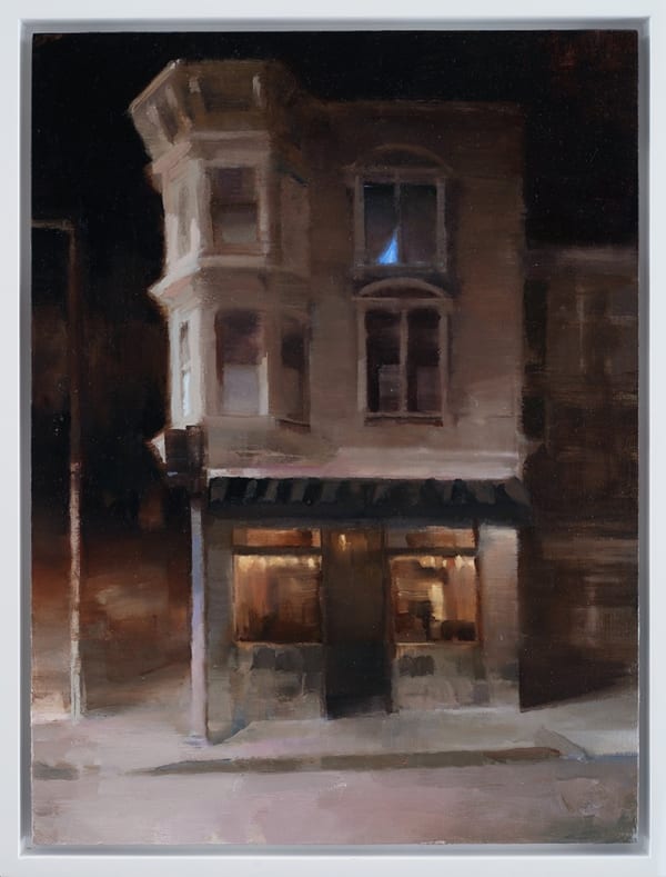 kim cogan - Painting of a white building at night with street light shines from left side of the painting