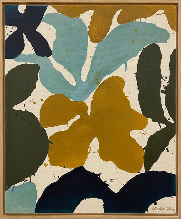Marleigh Culver painting of flowers in muted tones of blue, yellow and green