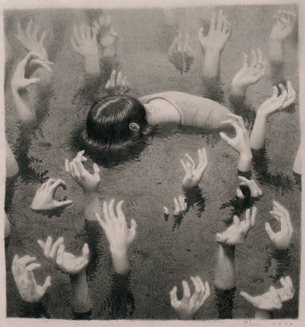 black and white drawing of a person face down in a body of water surrounded by hands reach up out of the water