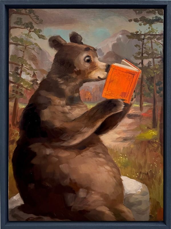 A painting of a brown bear sitting on a rock in the forest reading an orange book.
