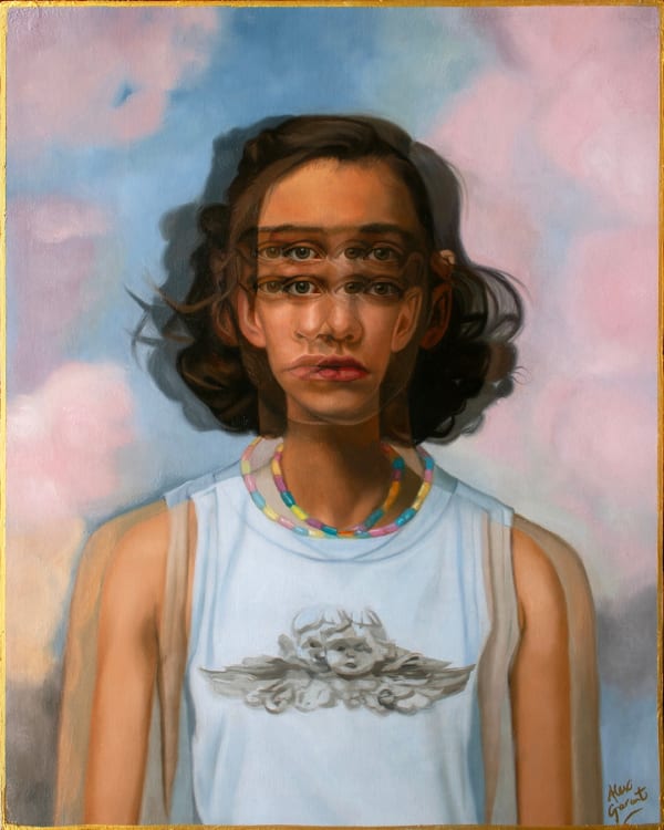 Painting of a girl with a blurry face with pink clouds in the background