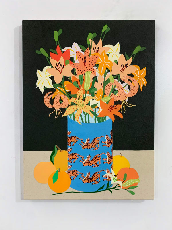 Stephen D'Onoforio painting of a blue vase with yellow and orange tiger lilies coming out of the top