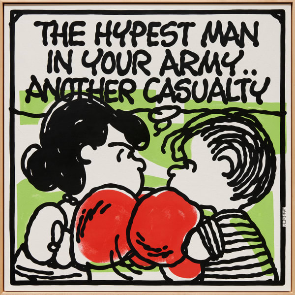 two peanuts characters with boxing gloves and text above their heads