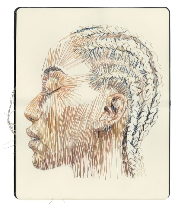 Rose Couch Suture, 2021 sewing string through Moleskine 8.25" x 10.25" / 12.5" x 14.5" framed