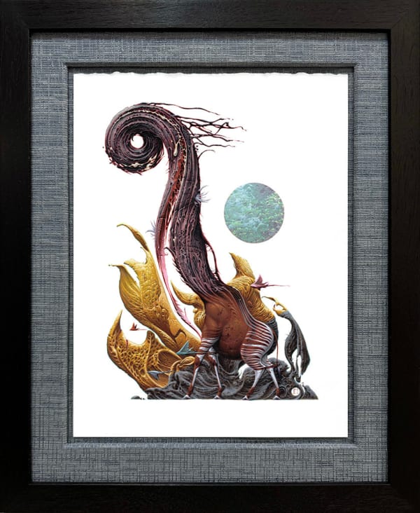 painting of a four legged creature with a large swirling head
