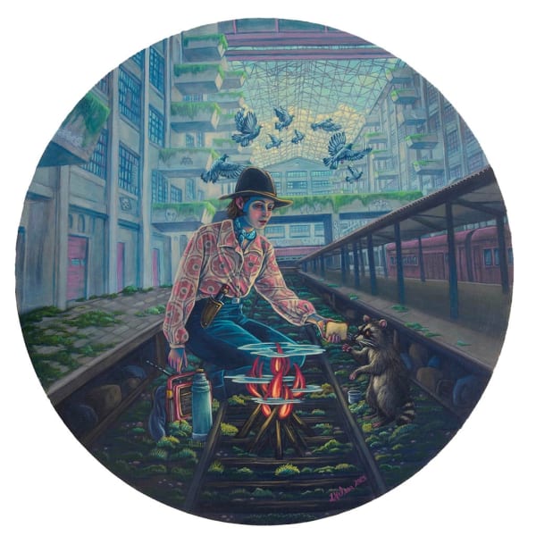 Circular painting of a woman and raccoon around a campfire in subway tracks