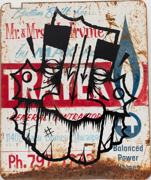 GATS character painted in black on a white metal sign that is rusting with red and blue writing on it