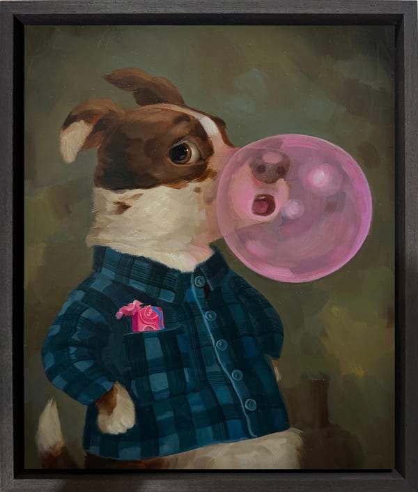 painting of a dog wearing a blue flannel shirt and blowing a large pink bubblegum bubble