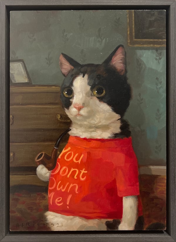 painting of a cat holding a pipe and wearing a red t shirt with text that reads " you don't own me"