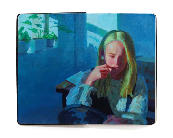 Painting of a woman with blonde hair sitting in a dark room with some light coming from a window next to her with three plants on the window seal.