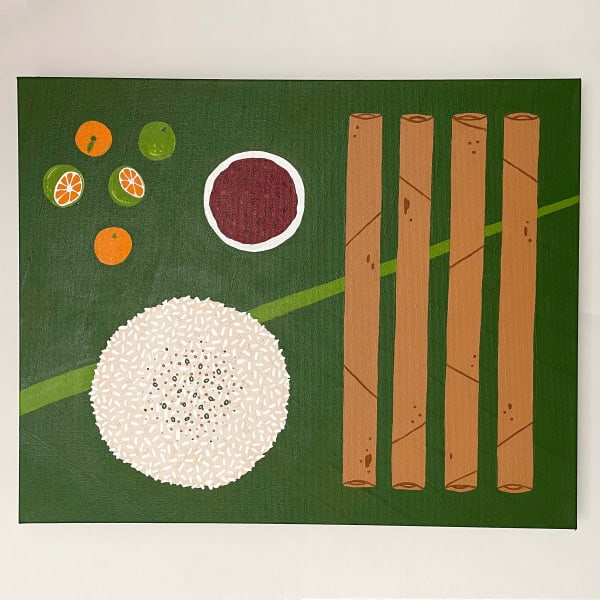 Jackie Brown "Lumpia Kamayan" painting of various foods flattened against a green background