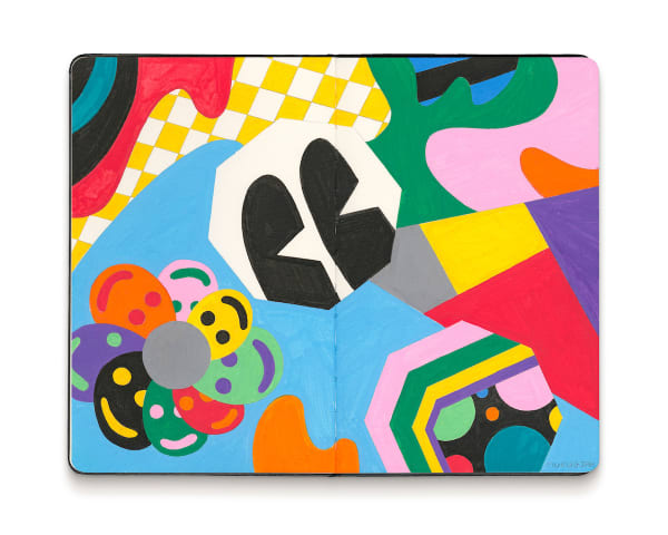 Abstract painting with colorful shapes including several smiley faces in a circle and yellow and white checkerboard