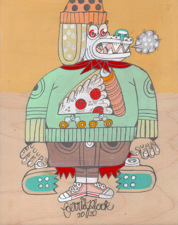 painting of a dog wearing a sweatshirt with a pizza on it