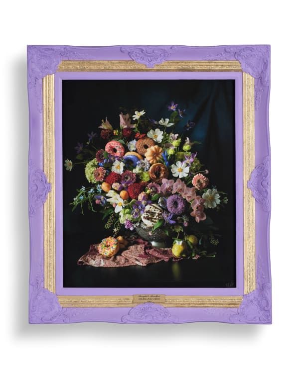 Stephanie Shih fine art photograph print of florals featuring doughnuts against dark background in custom purple frame with gold details