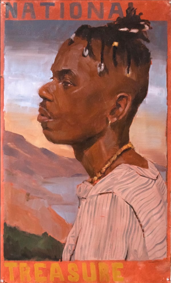 side profile of a black man with mountain landscape in the background