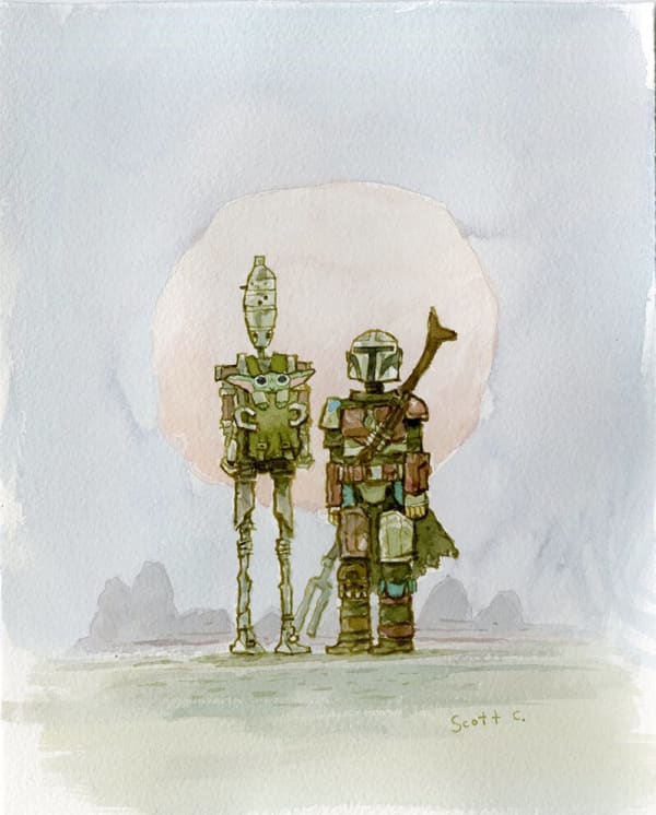Star Wars inpsired painting with the character Mando and Baby Yoda