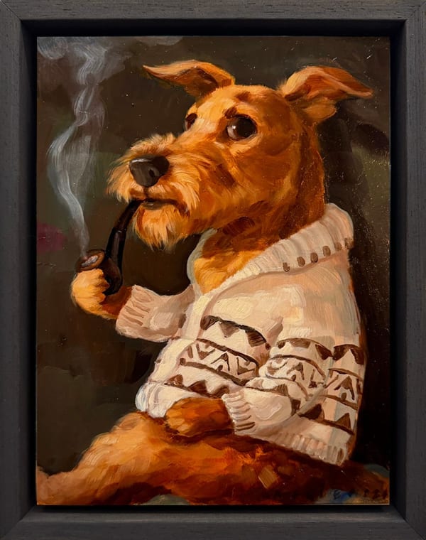 dog wearing a sweater smoking a grandfather pipe