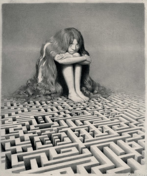 black and white drawing of a girl with long hair hugging her knees and sitting above a maze