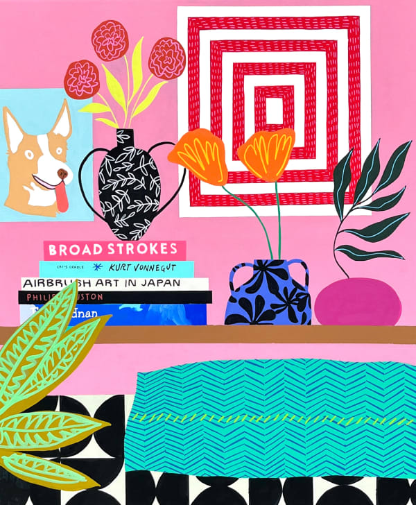 Mary Finlayson - gouache painting of a interior space, pink wall with dog image and a table full of books and plants