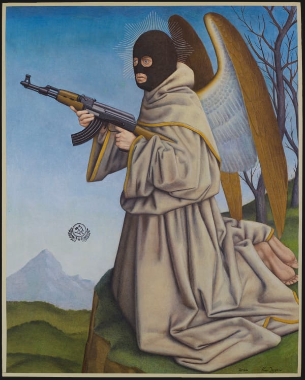 Angel in a ski mask holding a gun