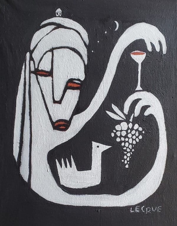 black and white painting of an abstracted figure holding grapes and wine with a duck