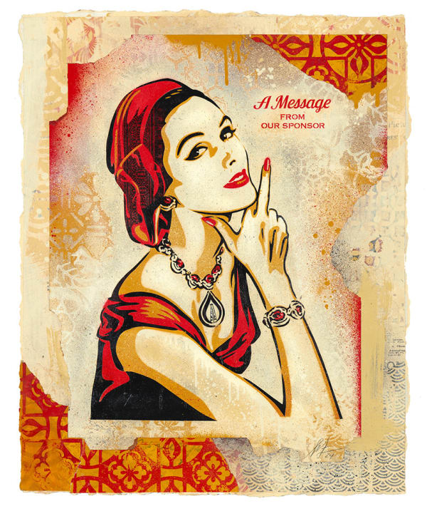 old school drawing of a woman on textured background with red and yellow accents with text "A message from our sponser"