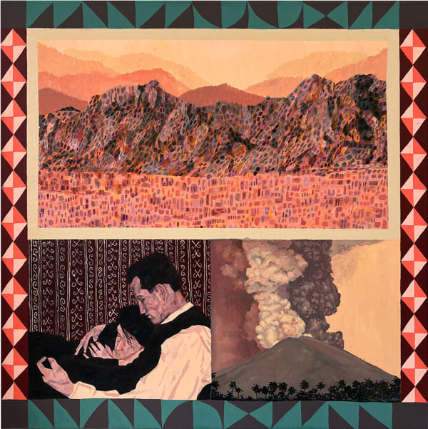 Painting with three different blocks in it. One has a volcano errupting, another has a man holding a woman in his arms and the other is a landscape image of a a rocky mountain.