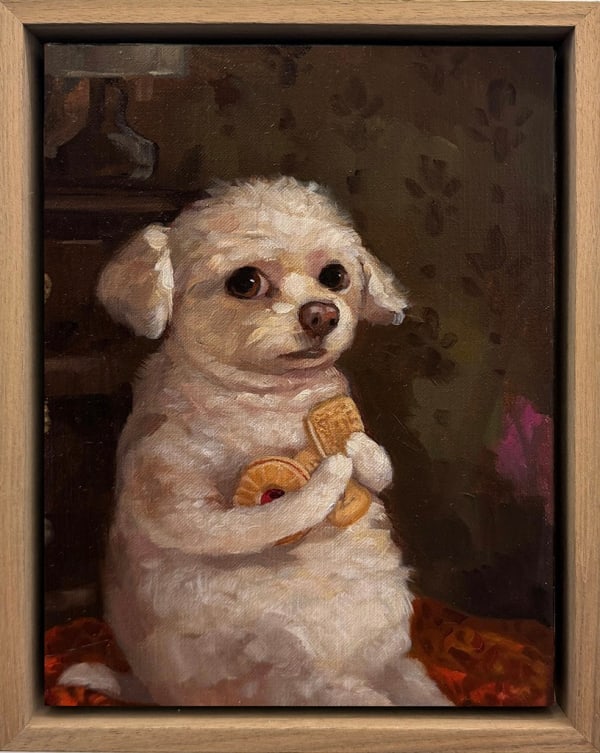 A painting of a white dog holding biscuits and cookies.